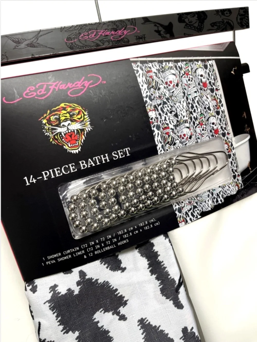 New Ed Hardy Skull Leopard Shower Curtain Set 72x72 w/ PEVA Liner & 12 Hooks